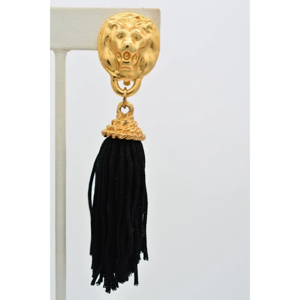 Vintage Lion Head Black Tassel Clip On Statement Earrings Brushed Gold 80s BinAR